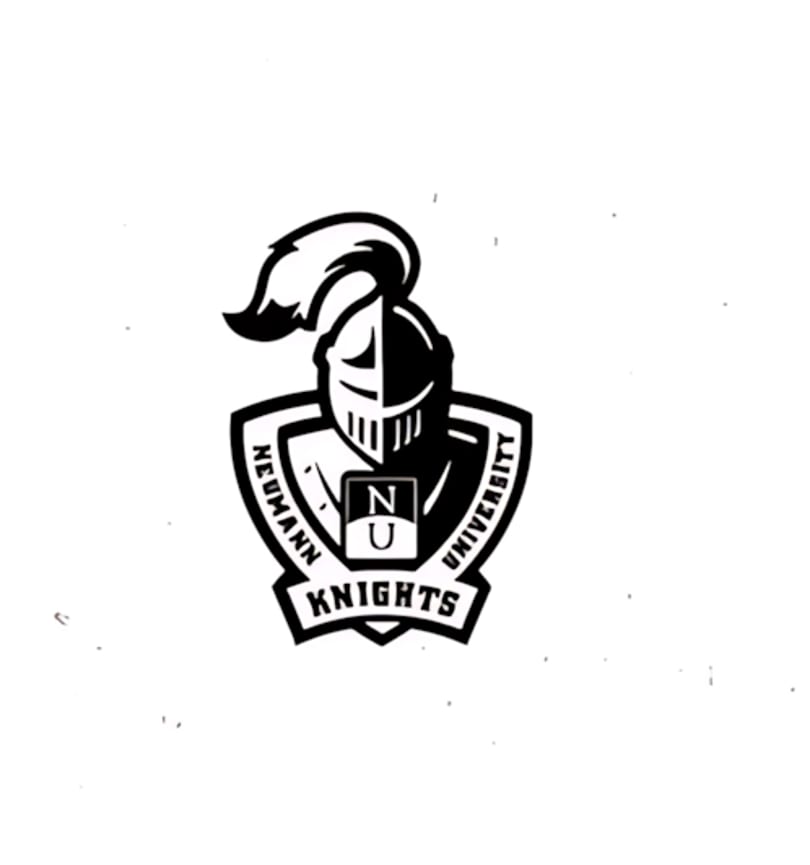 Neumann University Knights logo featuring a knight's helmet and shield in black and white.