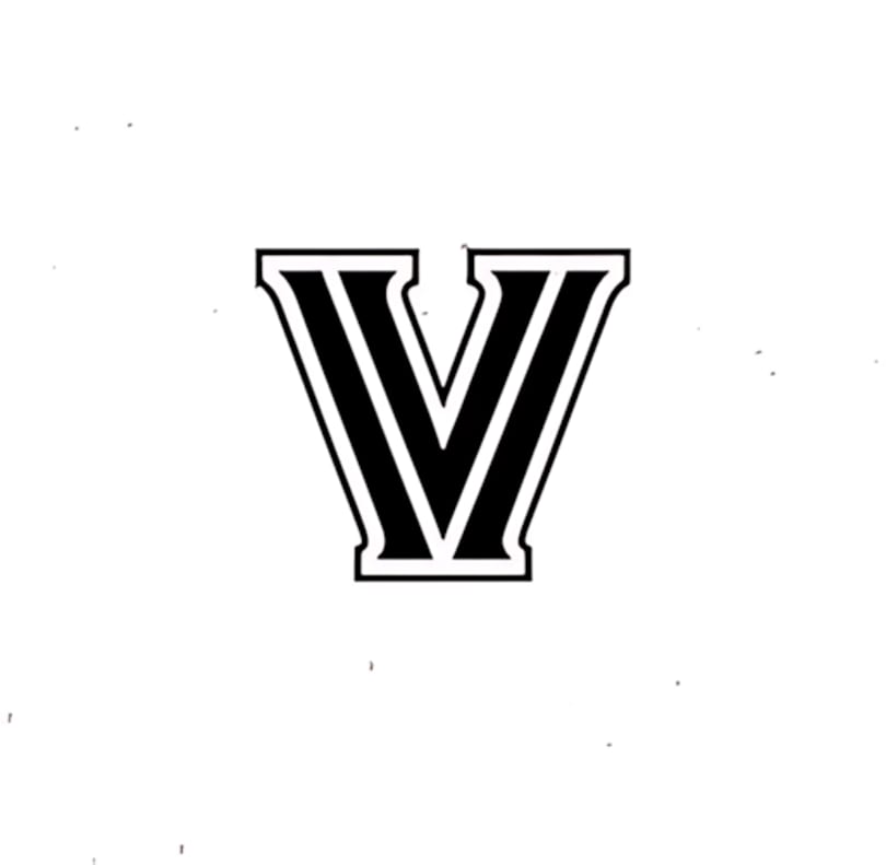Black letter 'V' with a white outline and a thin black border on a white background.